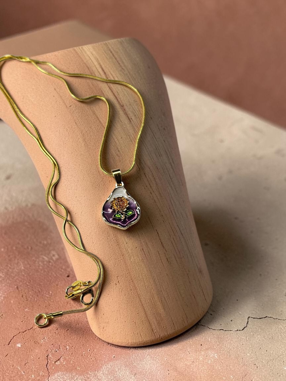 Gold Necklace with Purple Floral Pendant - Women Jewelry
